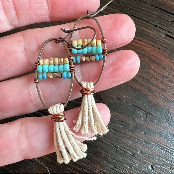Southwestern turquoise gold fringe oval dangle earrings pair of earring - Picture 1 of 4